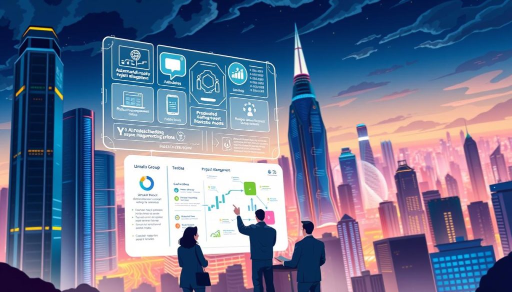 A futuristic cityscape with towering skyscrapers and advanced technologies. In the foreground, a holographic display showcases various project management tools and applications, including AI-powered features like automated task scheduling, resource allocation, and predictive analytics. The middle ground features a team of executives and project managers collaborating on a virtual whiteboard, discussing the latest trends and innovations in Umalis Group's project management software. The background is a vibrant, neon-lit urban landscape, conveying a sense of progress and innovation in the field of project management.