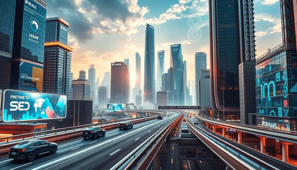 A futuristic cityscape with towering skyscrapers and advanced transportation systems, showcasing the Umalis Group's vision for the future of SEO. The foreground features sleek, autonomous vehicles navigating along elevated, neon-lit highways. In the middle ground, holographic billboards and digital signage display real-time SEO data and analytics. The background is dominated by a gleaming, high-tech skyline, with buildings adorned with futuristic architectural elements and renewable energy sources. The scene is bathed in a warm, vibrant color palette, conveying a sense of progress, innovation, and the seamless integration of technology into the urban landscape.