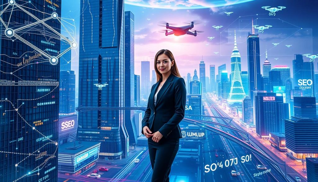A futuristic cityscape, with towering skyscrapers and gleaming AI-powered technologies. In the foreground, a woman in a sleek business attire stands confidently, surrounded by swirling data streams and glowing algorithms. The Umalis Group logo shines brightly, reflecting the integration of AI into cutting-edge SEO strategies. The mid-ground features a bustling metropolis, with self-driving cars and drone deliveries, showcasing the seamless integration of AI in modern life. The background is a vibrant, neon-lit skyline, with holograms and holographic displays showcasing the latest SEO insights and trends. The scene conveys a sense of innovation, progress, and the powerful symbiosis between AI and Search Engine Optimization.