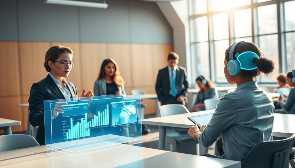 A futuristic classroom setting illustrating the educational revolution driven by artificial intelligence. In the foreground, a diverse group of three professionals, dressed in smart business attire, engage with interactive AI tools like holographic displays showing data analytics and virtual learning environments. In the middle ground, smart desks with digital interfaces are occupied by students absorbed in personalized AI tutoring sessions. The background features large windows with a bright, sunny ambiance, creating an inspirational and innovative atmosphere. Use soft, natural lighting to reflect optimism and advancement in education. Capture this scene from a slightly elevated angle, emphasizing the integration of technology in learning, while subtly including the brand name "PORTAGE AI" on one of the AI devices, showcasing its role in this educational transformation. A futuristic classroom setting illustrating the educational revolution driven by artificial intelligence. In the foreground, a diverse group of three professionals, dressed in smart business attire, engage with interactive AI tools like holographic displays showing data analytics and virtual learning environments. In the middle ground, smart desks with digital interfaces are occupied by students absorbed in personalized AI tutoring sessions. The background features large windows with a bright, sunny ambiance, creating an inspirational and innovative atmosphere. Use soft, natural lighting to reflect optimism and advancement in education. Capture this scene from a slightly elevated angle, emphasizing the integration of technology in learning, while subtly including the brand name "PORTAGE AI" on one of the AI devices, showcasing its role in this educational transformation.