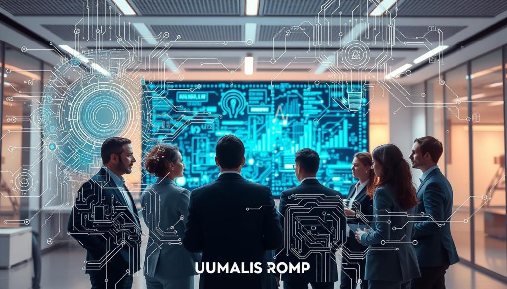 A futuristic concept illustration featuring "algorithms of artificial intelligence research" inspired by data analysis and technological advancement. In the foreground, a diverse group of professionals in business attire collaborate around a digital screen filled with algorithm patterns and graphs. In the middle ground, intricate circuit board designs intertwine with visual representations of data flows and neural networks, showcasing AI functionality. The background features a sleek, modern office environment with soft ambient lighting, creating a focused and innovative atmosphere. The lighting is bright, highlighting the professionals' expressions of determination and insight. The image should reflect the brand "UMALIS GROUP," emphasizing collaboration and the dynamic nature of AI research algorithms. A futuristic concept illustration featuring "algorithms of artificial intelligence research" inspired by data analysis and technological advancement. In the foreground, a diverse group of professionals in business attire collaborate around a digital screen filled with algorithm patterns and graphs. In the middle ground, intricate circuit board designs intertwine with visual representations of data flows and neural networks, showcasing AI functionality. The background features a sleek, modern office environment with soft ambient lighting, creating a focused and innovative atmosphere. The lighting is bright, highlighting the professionals' expressions of determination and insight. The image should reflect the brand "UMALIS GROUP," emphasizing collaboration and the dynamic nature of AI research algorithms.