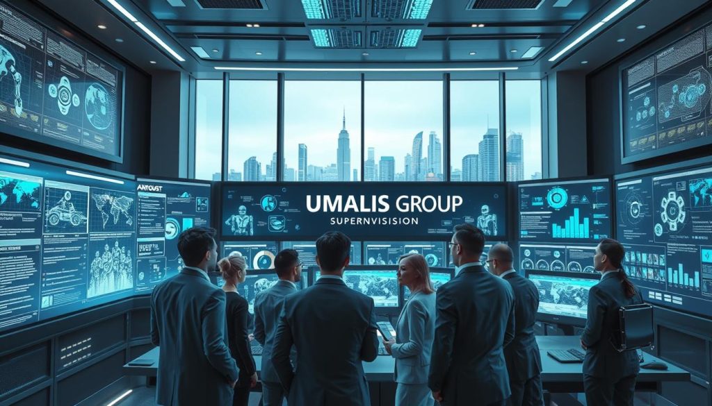 A futuristic control room filled with advanced AI agents and digital tools in action. In the foreground, a diverse team of professionals dressed in smart business attire is discussing data projections displayed on large holographic screens, showcasing real-time analytics. The middle layer features various AI bots and interfaces, illustrating the cutting-edge technology used in missions. The background reveals sleek, modern architecture with glowing LED panels and a view of a high-tech city skyline through large windows. The lighting is dynamic with a blue and silver color palette, creating a high-tech, focused atmosphere. The mood evokes a sense of collaboration and innovation in AI supervision. Include the brand name "UMALIS GROUP" integrated into one of the screens.