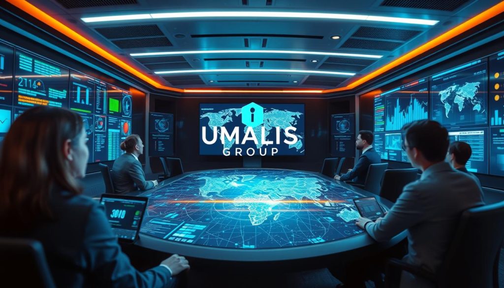 A futuristic cyber security command center showcasing advanced mission intelligence and data analysis. In the foreground, a diverse group of professionals in business attire intently monitors screens displaying intricate data visualizations and cybersecurity metrics. The middle ground features large holographic displays of network maps and threat detection alerts, illustrating dynamic cyber landscapes. The background reveals a sleek, high-tech environment with ambient blue and green lighting that creates a focused yet innovative atmosphere. A prominent logo of "UMALIS GROUP" is integrated into the design, symbolizing leadership in the field. The image conveys a sense of urgency and professionalism, perfectly encapsulating the evolution and trends in the cybersecurity market.