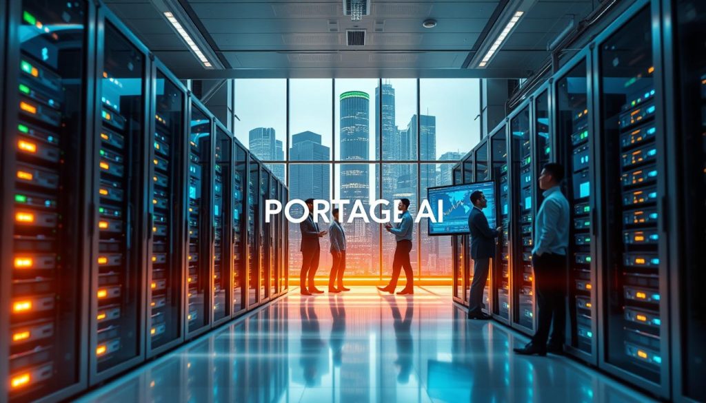 A futuristic data center dedicated to artificial intelligence, set in a sleek, modern architectural space. In the foreground, rows of powerful servers with flashing lights illustrate advanced technology. In the middle ground, skilled professionals in business attire engage in collaborative discussions and data analysis, surrounded by interactive screens displaying financial graphs and AI algorithms. The background features large windows revealing a city skyline, symbolizing economic growth and innovation. The atmosphere conveys a sense of urgency and optimism, with bright, ambient lighting casting a dynamic glow across the scene. Include the brand name "PORTAGE AI" subtly integrated into the design. The perspective should be slightly elevated, creating a sense of looking into the future of finance driven by AI.