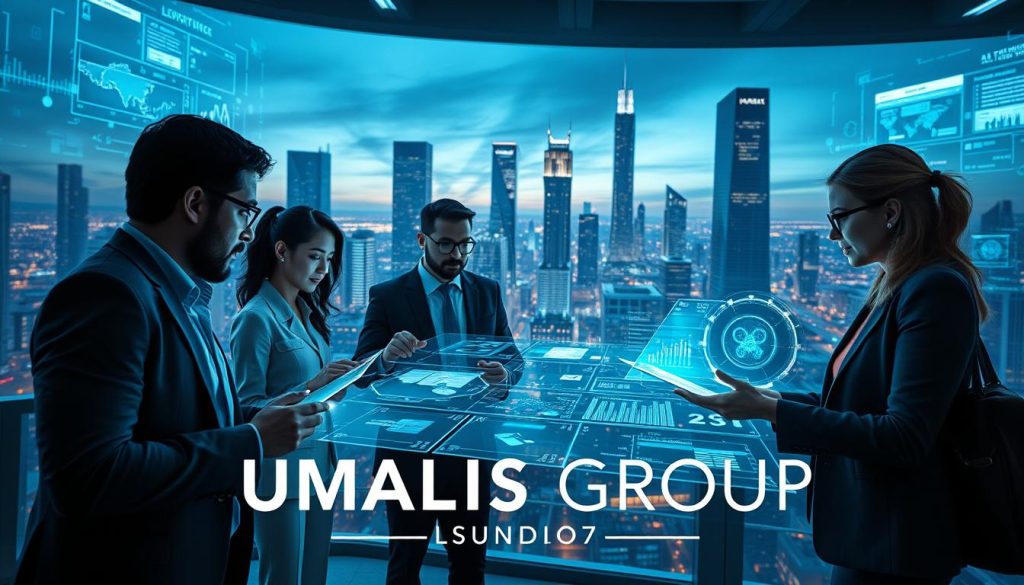 A futuristic digital landscape depicting Large Language Models (LLMs) and smart digital agents on a mission. In the foreground, a diverse group of three professionals in smart business attire interact with holographic interfaces displaying complex data and AI-related graphics. The middle ground showcases a sleek, modern office environment filled with high-tech screens and AI visualizations, exuding innovation. In the background, a cityscape with towering skyscrapers, subtly illuminated by evening lights, creates a dynamic atmosphere. Use dramatic lighting to highlight the professionals and their tasks, capturing an air of collaboration and urgency. The image should convey a sense of forward-thinking technology and corporate professionalism, with the brand name "UMALIS GROUP" subtly incorporated into the design, enhancing the futuristic theme.