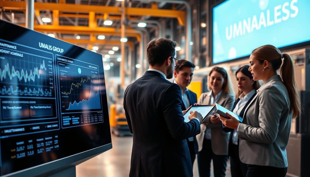 A futuristic industrial setting showcasing the integration of Large Language Models (LLMs), generative AI, and intelligent agents for predictive maintenance. In the foreground, a sleek digital interface is displayed, with data graphs and maintenance schedules visible, symbolizing cutting-edge technology. In the middle, a diverse group of professionals in business attire is engaged in discussion, analyzing data on tablet screens. In the background, a high-tech manufacturing facility is illuminated by soft, ambient lighting that creates a productive atmosphere. The scene conveys a sense of innovation and collaboration, with the brand name "UMALIS GROUP" subtly integrated into the digital displays. The angle captures both the interaction and the advanced technology, emphasizing the theme of AI support in industrial maintenance. A futuristic industrial setting showcasing the integration of Large Language Models (LLMs), generative AI, and intelligent agents for predictive maintenance. In the foreground, a sleek digital interface is displayed, with data graphs and maintenance schedules visible, symbolizing cutting-edge technology. In the middle, a diverse group of professionals in business attire is engaged in discussion, analyzing data on tablet screens. In the background, a high-tech manufacturing facility is illuminated by soft, ambient lighting that creates a productive atmosphere. The scene conveys a sense of innovation and collaboration, with the brand name "UMALIS GROUP" subtly integrated into the digital displays. The angle captures both the interaction and the advanced technology, emphasizing the theme of AI support in industrial maintenance.