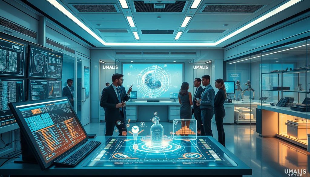 A futuristic laboratory environment dedicated to artificial intelligence experimentation, featuring intricate models of large language models (LLMs) and generative AI agents. In the foreground, a high-tech workstation showcases glowing screens displaying complex algorithms and visualizations, while a diverse team of professionals, dressed in business attire, discuss the data. The middle ground features holographic representations of AI models, with dynamic shapes and colors emanating from sleek digital interfaces. In the background, transparent walls reveal various experimentation zones with advanced robotics and AI equipment. Soft, ambient lighting casts a modern yet inviting atmosphere, with a slight blue tint to emphasize the technological theme. The emblem "UMALIS GROUP" is subtly integrated into the design of the workstation for branding.