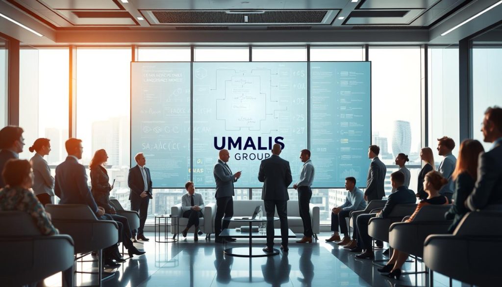 A futuristic office environment focused on understanding AI agents and language models. In the foreground, a diverse group of professionals in business attire are engaged in a collaborative discussion around a large digital screen displaying complex algorithms and flowcharts related to LLM and generative AI. The middle ground features sleek, modern furniture and AI-related technologies like holographic interfaces. The background shows large windows with a cityscape, letting in natural light, creating an inspiring atmosphere. The lighting is bright and inviting, enhancing a sense of innovation and teamwork. Include the logo "UMALIS GROUP" subtly blended into the digital display on the screen. The overall mood is professional and collaborative, illustrating the dynamic nature of AI consulting. A futuristic office environment focused on understanding AI agents and language models. In the foreground, a diverse group of professionals in business attire are engaged in a collaborative discussion around a large digital screen displaying complex algorithms and flowcharts related to LLM and generative AI. The middle ground features sleek, modern furniture and AI-related technologies like holographic interfaces. The background shows large windows with a cityscape, letting in natural light, creating an inspiring atmosphere. The lighting is bright and inviting, enhancing a sense of innovation and teamwork. Include the logo "UMALIS GROUP" subtly blended into the digital display on the screen. The overall mood is professional and collaborative, illustrating the dynamic nature of AI consulting.