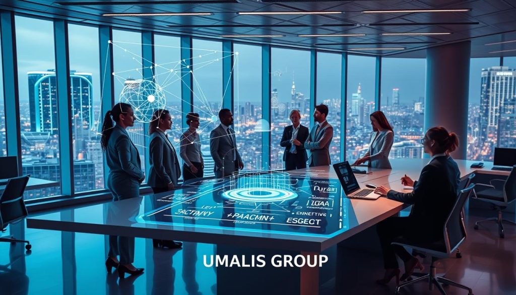 A futuristic office environment illustrating the concepts of LLM (Large Language Models), generative AI, and intelligent agents. In the foreground, a diverse group of professionals in smart business attire are engaged in a collaborative discussion around a digital display showcasing abstract representations of neural networks and data flows, symbolizing AI intelligence. The middle ground features sleek desks with advanced technology, including a holographic interface displaying interactions and algorithms. In the background, large windows reveal a vibrant cityscape, emphasizing a sense of innovation and forward-thinking. Soft, diffused lighting highlights the modern workspace, creating an atmosphere of creativity and motivation. The image includes the brand name "UMALIS GROUP" subtly integrated into the design, reinforcing a professional theme.
