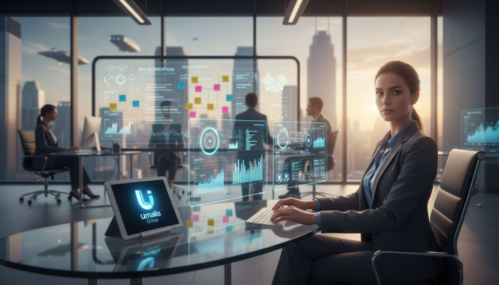 A futuristic office environment showcasing a digital strategy workspace, featuring a confident professional woman in smart business attire, seated at a sleek desk with multiple screens displaying graphs and analytics. In the foreground, a tablet with the "Umalis Group" logo is visible, symbolizing innovative solutions in the world of freelance work. The middle ground includes a whiteboard filled with digital marketing strategies and colorful post-it notes, representing collaborative ideas. In the background, large windows reveal a vibrant city skyline, with soft natural light illuminating the scene, creating an inspiring and productive atmosphere. The overall mood is one of ambition and professionalism, ideal for integrating a digital strategy into a career-focused approach.