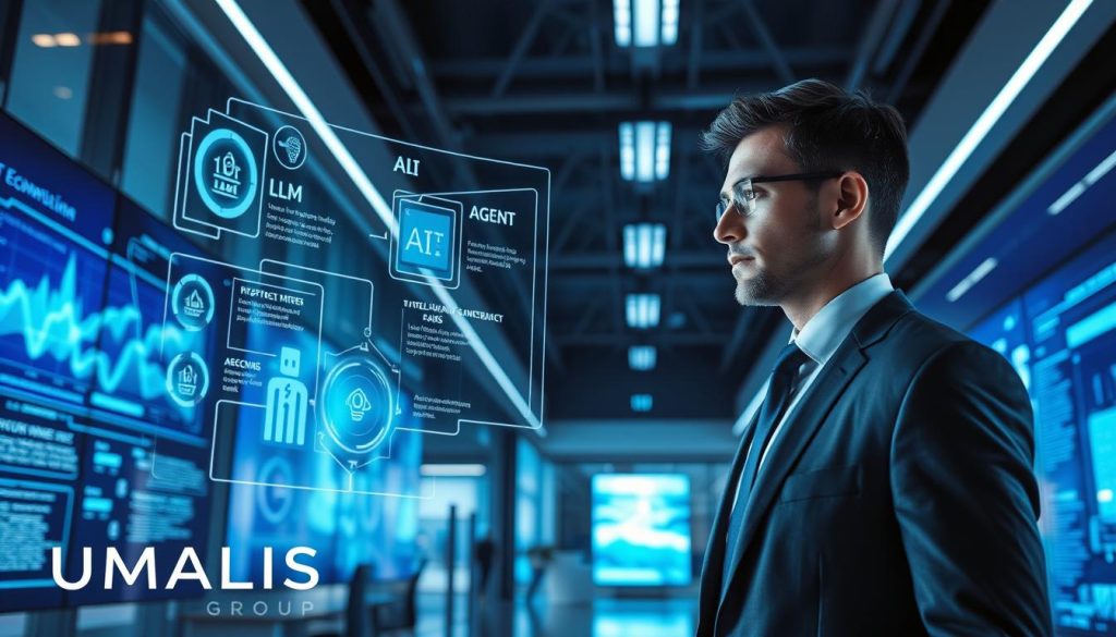 A futuristic office environment showcasing advanced technology. In the foreground, a professional business person, dressed in a sleek suit, is interacting with a holographic interface displaying LLM (Large Language Model), agent, and RAG (Retrieval-Augmented Generation) elements. Their expression is focused and inquisitive. The middle ground features digital screens with flowing data visualizations and AI-generated insights, while the background displays modern architecture with large windows letting in natural light, creating a bright and stimulating atmosphere. Soft blue and green lighting enhances the tech-savvy mood. The overall composition conveys a sense of innovation and professionalism, highlighting the importance of AI in client interactions. Include the brand name "UMALIS GROUP" subtly integrated into the design elements.