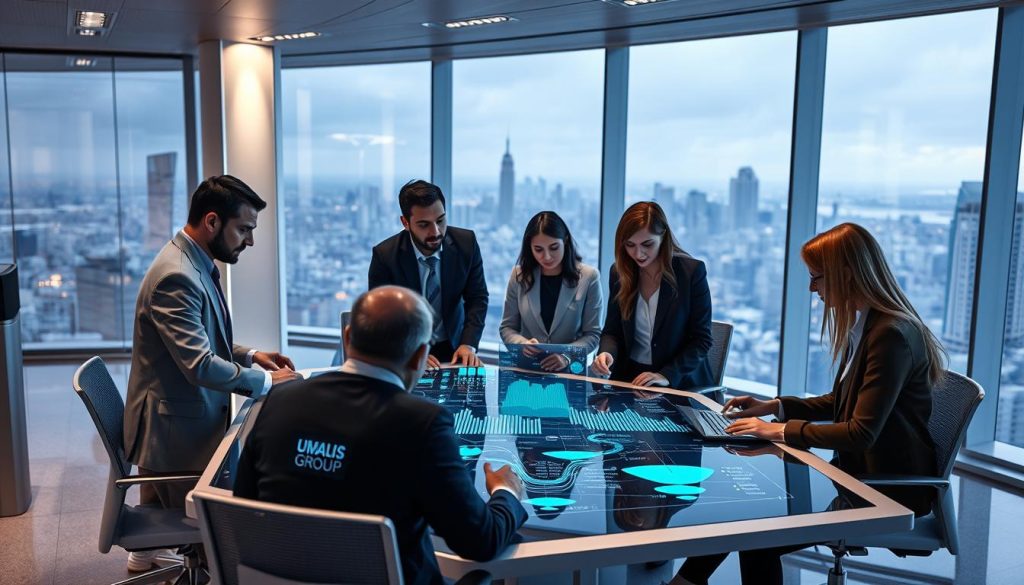 A futuristic office environment showcasing artificial intelligence and language models in action. In the foreground, a diverse group of professional individuals in business attire collaboratively engaging around a sleek, modern table filled with digital devices and holographic screens displaying data visualizations related to AI research and language processing. In the middle ground, a large digital display featuring dynamic graphs, neural network diagrams, and algorithmic data flow, symbolizing the capabilities of AI in research. The background should include a panoramic cityscape view through floor-to-ceiling windows, suggesting innovation and progress. Soft, ambient lighting creates a productive atmosphere, while hints of blue tones emphasize the tech-savvy theme. Include the logo "UMALIS GROUP" subtly on one of the devices.