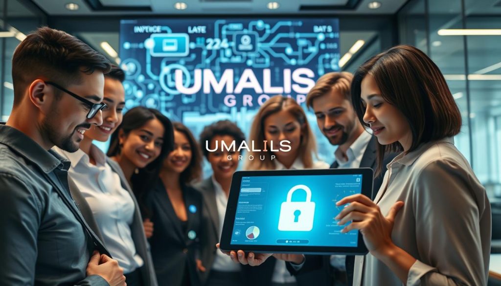 A futuristic office environment showcasing electronic invoicing security and data protection. In the foreground, a diverse group of professionals, dressed in smart business attire, huddle around a sleek digital tablet displaying a secure invoicing interface. Their expressions reflect focus and collaboration. In the middle ground, a high-tech digital screen shows abstract representations of data flow and encryption, symbolizing cybersecurity. The background features a modern office space with glass walls, soft ambient lighting creating a professional yet inviting atmosphere. The overall mood is one of innovation and trustworthiness. The logo of "UMALIS GROUP" is subtly integrated into the digital display, emphasizing their role in simplifying electronic invoicing. The angle captures both the team and technology, highlighting the synergy between them.