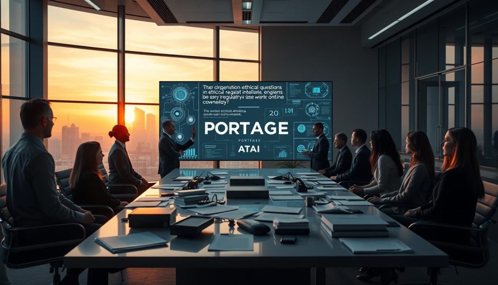 A futuristic office environment showcasing ethical dilemmas in artificial intelligence. In the foreground, a diverse group of professionals in business attire engages in a debate around a large, interactive digital screen displaying complex data and ethical questions about AI. The middle ground features a sleek conference table littered with documents and AI-related gadgets, symbolizing the regulatory challenges faced today. In the background, large windows reveal a city skyline under the warm glow of sunset, representing innovation and the future. Use soft, ambient lighting to create an atmosphere of contemplation and urgency. The overall mood should feel serious yet hopeful, emphasizing the balance between technology advancement and ethical responsibility. Include the subtle branding of "PORTAGE AI" on the digital screen, reflecting its commitment to addressing these challenges.