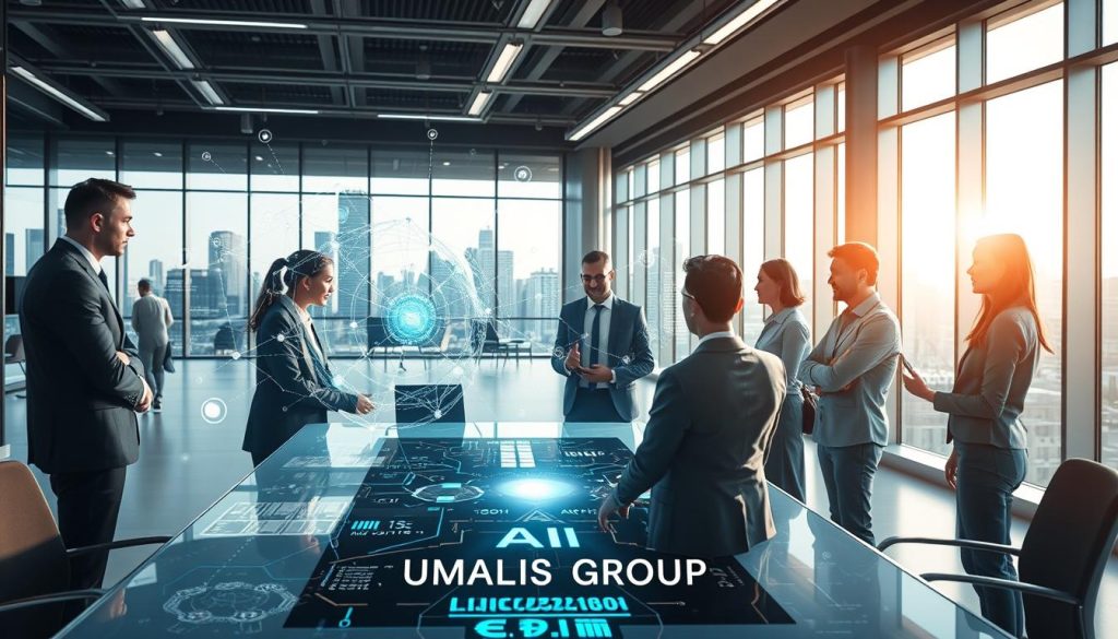 A futuristic office environment showcasing the concepts of LLM, generative AI, and enterprise agents. In the foreground, a diverse group of professionals in business attire are engaged in a collaborative discussion around a sleek table with a digital interface displaying neural network patterns. The middle layer features holographic elements representing data flows and AI algorithms, symbolizing the integration of technology in business processes. The background showcases a modern office skyline with large glass windows, allowing natural light to stream in, creating a bright and optimistic atmosphere. The scene conveys innovation and teamwork, emphasizing the role of technology in business adaptation. Include the brand name "UMALIS GROUP" subtly integrated into the office design.