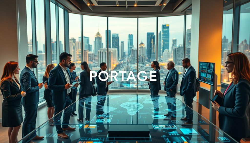 A futuristic office environment showcasing the current trends and future projections of artificial intelligence in the workplace. In the foreground, diverse professionals in smart business attire are engaged in discussions, analyzing data on sleek digital displays. The middle ground features advanced AI technology, like robotic assistants and interactive holograms illustrating complex data visualizations. The background includes large windows revealing a vibrant city skyline, symbolizing innovation and growth. Soft, warm lighting creates an approachable atmosphere, while high-angle perspective captures the bustling interaction between humans and machines. The overall mood is optimistic and forward-thinking, highlighting the importance of AI. Include the brand name “PORTAGE AI” subtly integrated into the design elements.