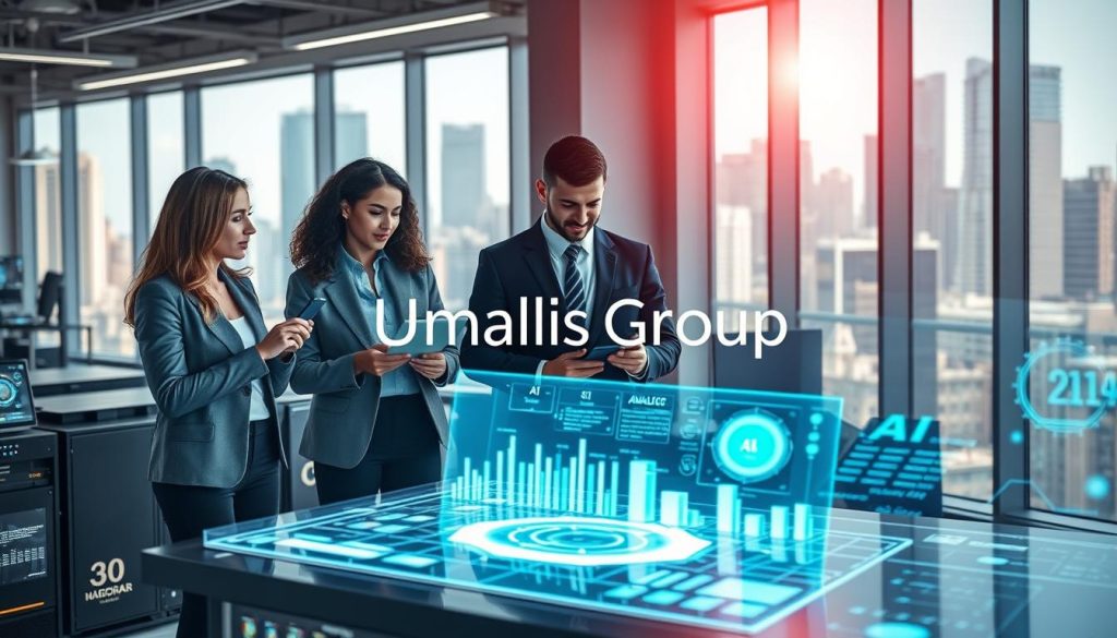 A futuristic office environment showcasing the integration of artificial intelligence in the IT sector. In the foreground, a diverse group of three professionals, dressed in smart business attire, engaged in collaboration over digital devices and holographic displays. The middle ground features advanced computing equipment and a large screen displaying data analytics and AI algorithms, illuminating the space with a soft blue glow. In the background, city skyline views through large windows suggest a bustling tech hub. The atmosphere is vibrant and optimistic, emphasizing innovation and opportunity within the IT landscape. The image should include the brand name "Umalis Group" subtly represented in the workspace. Utilize bright, natural lighting to enhance the clarity and inspiration of the scene.