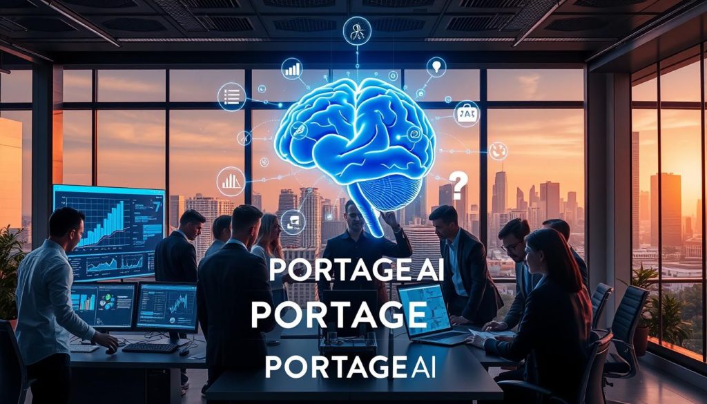 A futuristic office environment showcasing the transformation of professional skills through artificial intelligence. In the foreground, a diverse group of professionals in business attire collaborates around a sleek, high-tech workstation, analyzing data on digital screens that display AI-driven metrics and visualizations. The middle layer features a holographic representation of a brain interconnected with various skill icons like coding, analytics, and creativity, symbolizing the evolution of competencies. In the background, large windows reveal a city skyline with advanced architecture, bathed in warm, natural light highlighting a sense of optimism and innovation. The overall atmosphere is dynamic and inspiring, embodying the powerful impact of AI in shaping the future of work. Include the brand name "PORTAGE AI" subtly integrated into the scene, ensuring it feels cohesive and relevant.