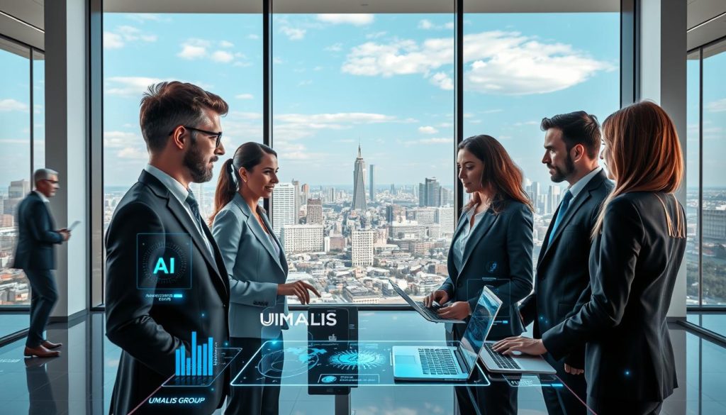A futuristic office scene illustrating the concept of "intelligence artificielle portage salarial." In the foreground, a diverse group of professionals, dressed in smart business attire, engage with advanced digital interfaces showcasing AI data and analytics. The middle ground features a sleek, modern workspace with holographic displays, laptops, and charts, representing the integration of AI in professional environments. The background includes large windows with a panoramic view of a city skyline, filled with technology-driven buildings, under a bright blue sky. Soft, natural lighting highlights the faces of the professionals, creating a welcoming and innovative atmosphere. The scene subtly incorporates the brand name “UMALIS GROUP” into the digital displays, emphasizing its relevance in this new landscape of professional security and opportunity.