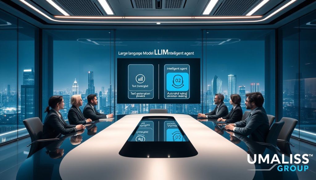 A futuristic office setting blends high technology with sleek design, showcasing three distinct sections. In the foreground, an elegant conference table where a diverse group of professionals in business attire engage in discussion about LLMs and intelligent agents. In the middle, a digital display screen illustrating a side-by-side comparison of a Large Language Model (LLM) and an intelligent agent, with icons representing text generation and automated decision-making. The background features a modern cityscape with soft lighting that evokes a feeling of innovation and collaboration. The atmosphere conveys a sense of professionalism and creativity, suitable for the examination of AI technologies. The image is branded subtly with the logo of UMALIS GROUP near the bottom corner. A futuristic office setting blends high technology with sleek design, showcasing three distinct sections. In the foreground, an elegant conference table where a diverse group of professionals in business attire engage in discussion about LLMs and intelligent agents. In the middle, a digital display screen illustrating a side-by-side comparison of a Large Language Model (LLM) and an intelligent agent, with icons representing text generation and automated decision-making. The background features a modern cityscape with soft lighting that evokes a feeling of innovation and collaboration. The atmosphere conveys a sense of professionalism and creativity, suitable for the examination of AI technologies. The image is branded subtly with the logo of UMALIS GROUP near the bottom corner.