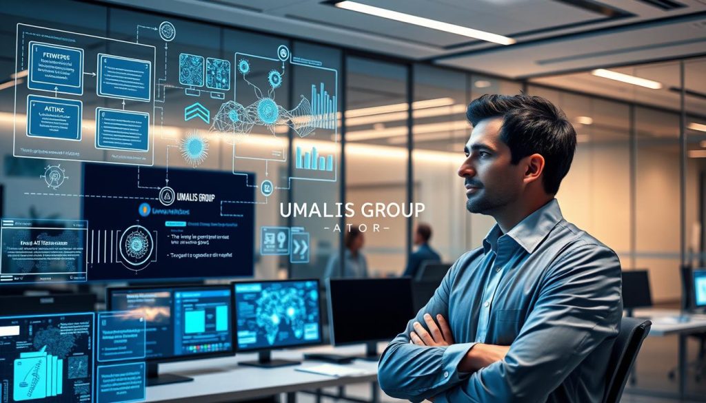 A futuristic office setting illustrating the concepts of large language models (LLMs), generative AI, and intelligent agents. In the foreground, a professional in business attire is engaged in a thoughtful discussion with a holographic display showcasing flowcharts and neural networks, symbolizing advanced AI technology. In the middle ground, various digital screens exhibit AI-generated images, text, and interactive elements that depict collaboration between humans and machines. The background features a sleek, modern workspace with glass walls, hinting at a dynamic tech environment. Soft, ambient lighting adds a warm glow to the scene, enhancing a sense of innovation and collaboration. The branding "UMALIS GROUP" subtly integrated into the holographic display. A futuristic office setting illustrating the concepts of large language models (LLMs), generative AI, and intelligent agents. In the foreground, a professional in business attire is engaged in a thoughtful discussion with a holographic display showcasing flowcharts and neural networks, symbolizing advanced AI technology. In the middle ground, various digital screens exhibit AI-generated images, text, and interactive elements that depict collaboration between humans and machines. The background features a sleek, modern workspace with glass walls, hinting at a dynamic tech environment. Soft, ambient lighting adds a warm glow to the scene, enhancing a sense of innovation and collaboration. The branding "UMALIS GROUP" subtly integrated into the holographic display.