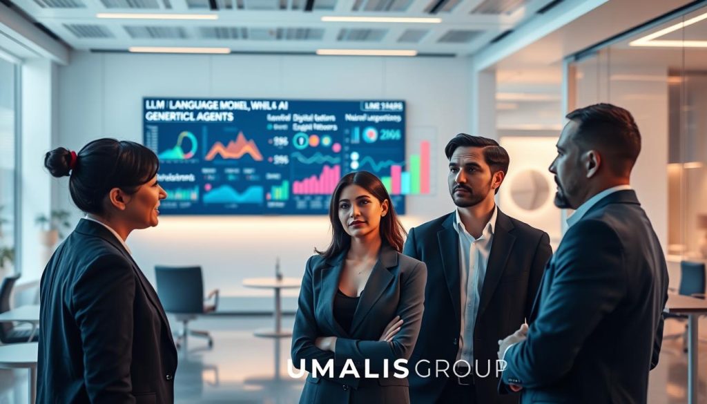 A futuristic office setting reflecting a blend of technology and professionalism. In the foreground, a diverse group of three individuals, dressed in smart business attire, are engaged in a discussion, showcasing expressions of curiosity and thoughtfulness. The middle ground features a large screen displaying data visuals of LLM (Large Language Models), generative AI, and digital agents, with colorful graphs and icons representing concepts like natural language processing and neural networks. The background is filled with sleek office furniture, soft ambient lighting, and futuristic tech elements like holographic displays. The atmosphere is collaborative and innovative, emphasizing the integration of AI in modern work environments, with an overarching theme of understanding and explanation. The branding "UMALIS GROUP" subtly integrated into the design elements.