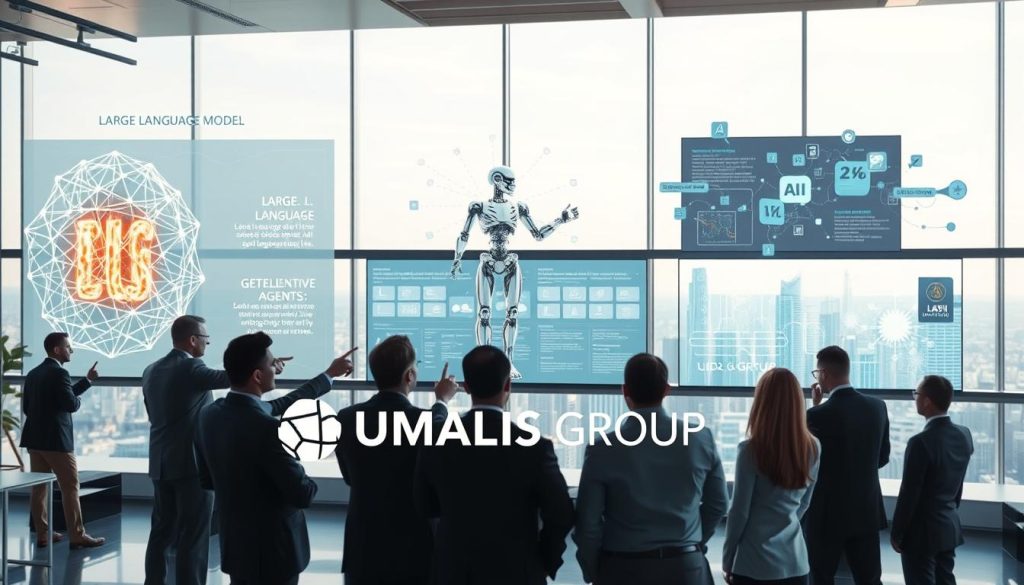 A futuristic office setting with a modern design, showcasing three key elements: a Large Language Model (LLM) represented by a glowing neural network structure, generative AI visualized as an artist-like robot creating digital artworks, and intelligent agents depicted as sleek floating holograms interacting with data. In the foreground, a diverse group of professional individuals in business attire are engaged in discussion, pointing towards the visuals. The middle section reveals a tranquil digital workspace filled with screens displaying algorithms and AI insights. The background shows a panoramic view of a city skyline under soft natural lighting, creating an atmosphere of innovation and clarity. The branding "UMALIS GROUP" subtly integrated into the scene, emphasizing a tech-forward approach.