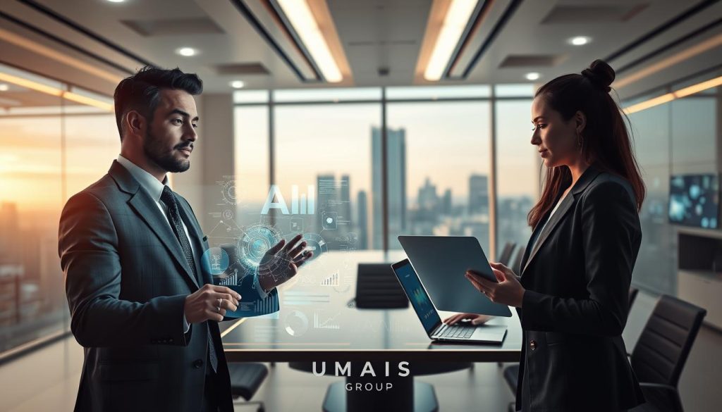 A futuristic office space illuminated by soft, ambient lighting, showcasing two professional agents engaged in a mission utilizing advanced generative AI technology. In the foreground, a confident man in a tailored suit is interacting with a holographic display, which visualizes complex data and algorithms. Beside him, a woman in business attire analyzes information on a sleek laptop, her focused expression highlighting the intensity of their task. The middle ground features a stylish conference table surrounded by digital screens displaying AI insights. In the background, a panoramic window reveals a city skyline, symbolizing innovation and progress. The overall mood is dynamic and inspiring, representing the cutting-edge capabilities of LLMs and generative AI in a secure, professional environment. The logo of "UMALIS GROUP" is subtly integrated into the design of the office space.