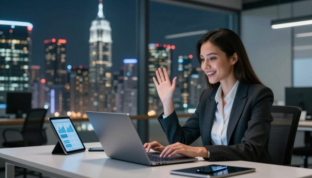 A futuristic office space representing digitalisation in portage salarial, with a professional woman in business attire working on a sleek laptop. In the foreground, she is engaged in a video call, displaying a lively expression of determination. The middle layer includes a modern desk adorned with digital gadgets, such as a tablet and a smartphone showing business statistics. The background features a panoramic city skyline with skyscrapers showcasing elements of technology and innovation, illuminated by soft, ambient lighting that creates an inspiring atmosphere. The mood is optimistic and forward-looking, emphasizing the transition to entrepreneurship. Capture this scene using a slight upward angle, as if inviting the viewer into a world of possibilities. A futuristic office space representing digitalisation in portage salarial, with a professional woman in business attire working on a sleek laptop. In the foreground, she is engaged in a video call, displaying a lively expression of determination. The middle layer includes a modern desk adorned with digital gadgets, such as a tablet and a smartphone showing business statistics. The background features a panoramic city skyline with skyscrapers showcasing elements of technology and innovation, illuminated by soft, ambient lighting that creates an inspiring atmosphere. The mood is optimistic and forward-looking, emphasizing the transition to entrepreneurship. Capture this scene using a slight upward angle, as if inviting the viewer into a world of possibilities.