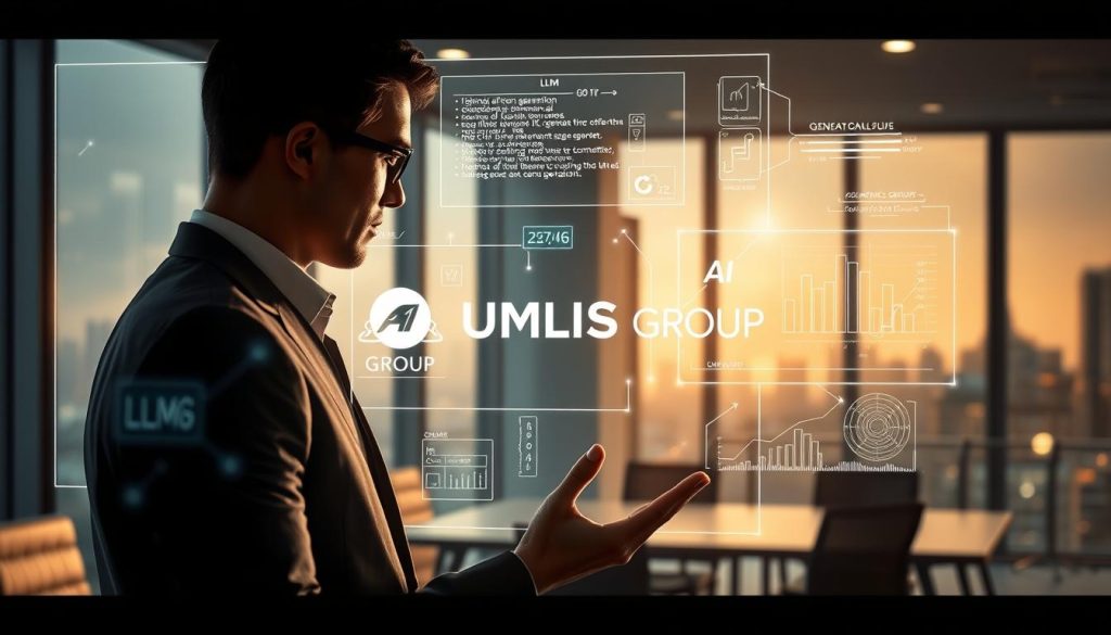 A futuristic representation of "LLM and content generation" in an office setting. In the foreground, depict a professional business person in smart attire, engaged with a holographic interface displaying complex algorithms and text generated by AI. In the middle, show elements like virtual screens and charts illustrating the dynamics of generative AI and LLMs, with glowing lines connecting the data points. The background features a sleek, modern office environment with large windows revealing a cityscape. Use soft ambient lighting to create a professional yet innovative atmosphere, highlighting the interaction between humans and AI technology. Incorporate the brand name "UMALIS GROUP" subtly within the holographic display, ensuring it aligns with the thematic essence of AI and content generation.