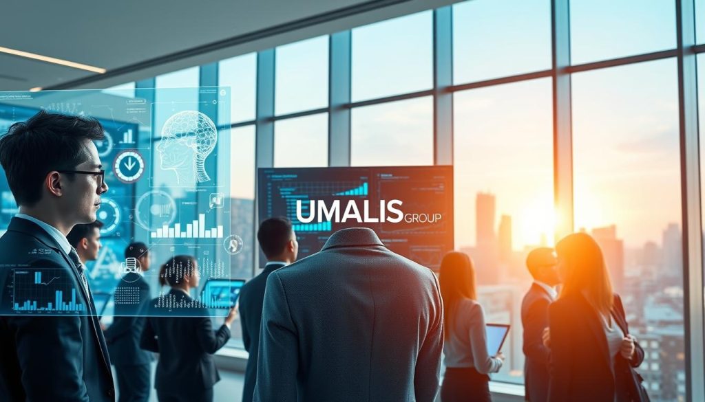 A futuristic representation of "LLM and generative analysis" with a focus on data analytics. In the foreground, diverse professionals in smart business attire are engaged with holographic interfaces displaying complex data visualizations and AI algorithms. The middle layer showcases a sleek, high-tech workspace filled with screens that exhibit flowing data streams and AI models. The background features a modern office environment with large windows offering a city skyline view under a bright, clear sky. Soft, ambient lighting enhances the innovative atmosphere, and a subtle blue tint underscores the tech-savvy theme. Include the brand name "UMALIS GROUP" subtly integrated into one of the screens to reflect a professional setting.
