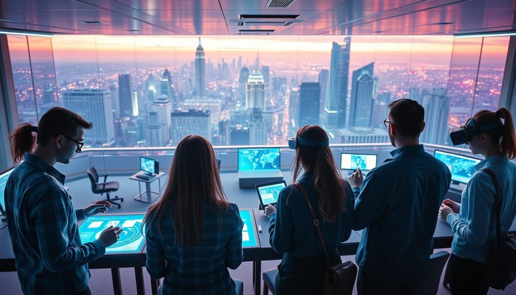 A futuristic scene depicting the latest trends in lifelong learning and e-learning that impact professional development. In the foreground, a group of professionals engage with holographic displays, accessing cutting-edge educational content. The middle ground features a LIGHT PORTAGE classroom, with interactive whiteboards and virtual reality workstations. In the background, a panoramic cityscape with towering skyscrapers and a vibrant, tech-driven atmosphere. The lighting is a cool, futuristic blend of neon and soft ambient tones, creating a sense of innovation and progress. The overall composition conveys a dynamic, immersive, and technologically advanced learning environment.