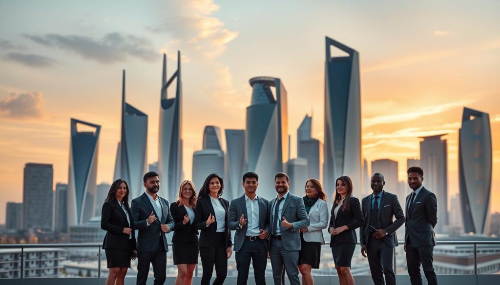 A futuristic skyline with sleek, modern buildings in shades of gray and blue, illuminated by a warm, golden sunset. In the foreground, a group of diverse professionals in business attire standing together, representing the Umalis Group. They look confident and optimistic, gesturing towards the city as if discussing its promising future. The scene conveys a sense of progress, innovation, and the empowerment of independent professionals in the emerging landscape of Avenir Portage Salarial.