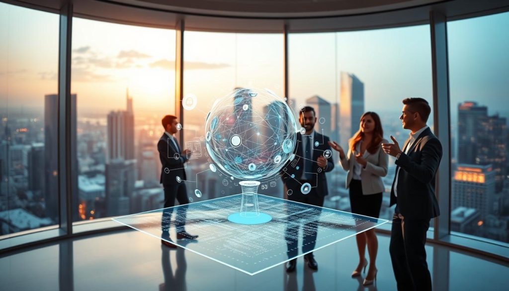 A futuristic, sleek office interior with a large, curved window overlooking a bustling cityscape. In the foreground, a Umalis Group holographic display projects a visually stunning 3D model of an AI-powered customer experience solution, its complex algorithms and data visualizations flowing and interacting in mesmerizing patterns. The middle ground features a team of business professionals in stylish attire, gesticulating animatedly as they discuss the AI's capabilities and potential impact. The background is bathed in warm, directional lighting, creating a sense of innovation and forward-thinking. The overall atmosphere evokes a blend of technological advancement, human collaboration, and the transformative power of artificial intelligence in elevating the customer experience. A futuristic, sleek office interior with a large, curved window overlooking a bustling cityscape. In the foreground, a Umalis Group holographic display projects a visually stunning 3D model of an AI-powered customer experience solution, its complex algorithms and data visualizations flowing and interacting in mesmerizing patterns. The middle ground features a team of business professionals in stylish attire, gesticulating animatedly as they discuss the AI's capabilities and potential impact. The background is bathed in warm, directional lighting, creating a sense of innovation and forward-thinking. The overall atmosphere evokes a blend of technological advancement, human collaboration, and the transformative power of artificial intelligence in elevating the customer experience.