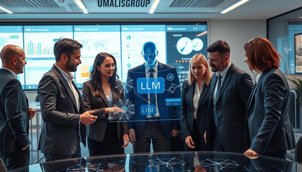 A futuristic workspace depicting the concept of artificial intelligence, focusing on language models and agents. In the foreground, a diverse group of professionals in business attire collaborates over a digital interface displaying neural network diagrams and LLM visualizations, with expressions of curiosity and engagement. In the middle, a virtual assistant hologram interacts with the group, radiating a soft blue glow, symbolizing innovation and intelligence. The background features a sleek office environment with large screens showing data analytics and AI-related illustrations. The lighting is bright and inspiring, casting soft shadows to create depth. The atmosphere is dynamic and collaborative, embodying the essence of AI's potential in business, prominently featuring the brand name "UMALIS GROUP" as part of the office decor.