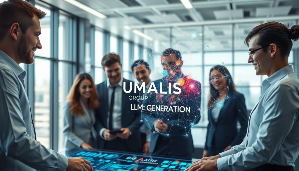 A futuristic workspace displaying the concepts of LLM, generative AI, and intelligent agents. In the foreground, a diverse group of professional consultants in business attire collaborate over a digital interface, showcasing data visualizations and AI-driven insights. The middle ground features a holographic representation of a neural network, symbolizing generative AI processes, with vibrant colors and intricate details. The background consists of a modern office environment with large windows, letting in natural light that creates a bright and optimistic atmosphere. Use a wide-angle perspective to capture the dynamic interaction among the consultants. The image should reflect innovation, professionalism, and synergy, branded subtly with the logo of "UMALIS GROUP" incorporated into the digital interface. A futuristic workspace displaying the concepts of LLM, generative AI, and intelligent agents. In the foreground, a diverse group of professional consultants in business attire collaborate over a digital interface, showcasing data visualizations and AI-driven insights. The middle ground features a holographic representation of a neural network, symbolizing generative AI processes, with vibrant colors and intricate details. The background consists of a modern office environment with large windows, letting in natural light that creates a bright and optimistic atmosphere. Use a wide-angle perspective to capture the dynamic interaction among the consultants. The image should reflect innovation, professionalism, and synergy, branded subtly with the logo of "UMALIS GROUP" incorporated into the digital interface.