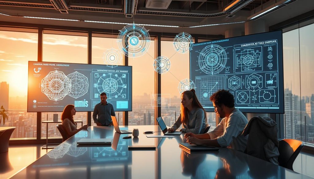 A futuristic workspace featuring a diverse group of freelancers engaged with large screens displaying complex diagrams of LLMs and generative AI tools. In the foreground, two professionals—one male and one female—are brainstorming ideas at a sleek, modern table, surrounded by digital devices. The middle layer shows various holographic representations of AI frameworks and algorithms emanating from the screens. In the background, large windows reveal a city skyline, bathed in soft, golden hour sunlight, conveying a sense of opportunity and innovation. The atmosphere is collaborative and dynamic, emphasizing creativity and technological advancement. Branding elements of "UMALIS GROUP" subtly integrated into the workspace setting, ensuring a professional yet inspiring vibe.