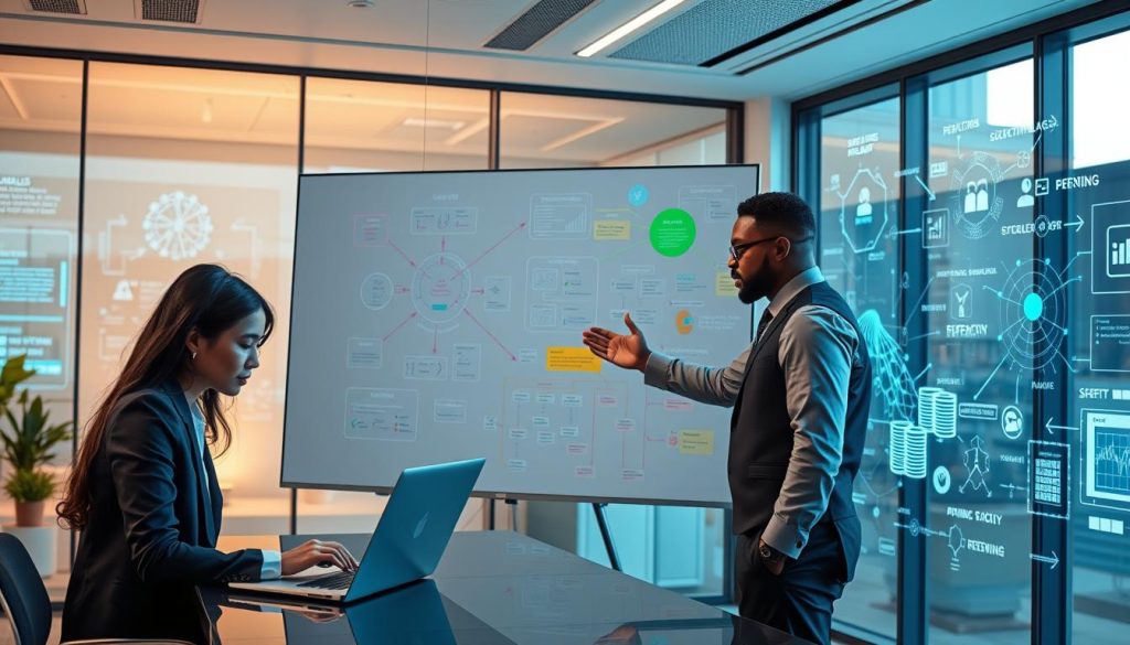 A futuristic workspace featuring a diverse group of professionals in business attire collaborating on the concept of generative artificial intelligence. In the foreground, an Asian woman is typing on a sleek laptop, while a Black man gestures towards a large screen displaying intricate diagrams of Large Language Models (LLMs) and digital agents. The middle ground showcases a whiteboard filled with colorful mind maps and brainstorming notes. In the background, digital interfaces with flowing data streams and artificial neural networks are projected onto glass walls, creating a high-tech atmosphere. Soft, ambient lighting enhances the mood, while large windows let in natural daylight, symbolizing innovation. Include subtle branding elements for "UMALIS GROUP" integrated into the workspace design. The overall atmosphere should convey teamwork, creativity, and advanced technology in a professional setting.