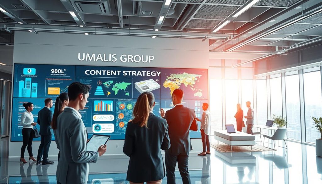 A futuristic workspace highlighting "UMALIS GROUP" in a collaborative environment. In the foreground, a diverse group of professionals in smart business attire engages with digital interfaces showcasing graphics of evolving content strategies and AI data analysis. The middle layer features a large touchscreen wall displaying colorful infographics and interactive maps, symbolizing geo-targeted content strategy. The background includes sleek, modern office furniture and soft natural lighting through large windows, reflecting an open and innovative atmosphere. The mood is inspiring and productive, embodying adaptation and forward-thinking in content optimization. The image should capture the essence of best practices in a rapidly changing landscape, with an emphasis on technology and collaboration.