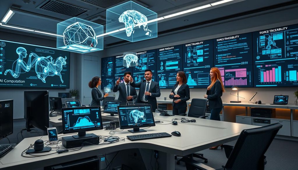 A futuristic workspace showcasing "Models, Tools, and Artificial Intelligence Agents" by UMALIS GROUP. In the foreground, a sleek, modern desk is filled with advanced computer hardware and AI interface screens displaying algorithms and data visualizations. In the middle ground, a diverse group of professionals in smart business attire collaborate actively, pointing at holographic AI models floating above the desk. The background features a wall of dynamic digital screens highlighting generative AI concepts and source traceability graphics. Soft, ambient lighting creates a focused atmosphere, while a wide-angle lens captures the entire scene, emphasizing the connection between humans and technology. The mood is innovative and collaborative, illustrating the integration of AI in modern work environments. A futuristic workspace showcasing "Models, Tools, and Artificial Intelligence Agents" by UMALIS GROUP. In the foreground, a sleek, modern desk is filled with advanced computer hardware and AI interface screens displaying algorithms and data visualizations. In the middle ground, a diverse group of professionals in smart business attire collaborate actively, pointing at holographic AI models floating above the desk. The background features a wall of dynamic digital screens highlighting generative AI concepts and source traceability graphics. Soft, ambient lighting creates a focused atmosphere, while a wide-angle lens captures the entire scene, emphasizing the connection between humans and technology. The mood is innovative and collaborative, illustrating the integration of AI in modern work environments.