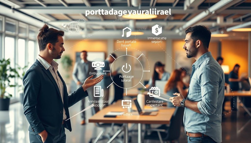 A global overview of the "portage salarial" system, depicting a thriving professional ecosystem. In the foreground, a Light Portage employee assists a freelance consultant, guiding them through the process. The middle ground showcases the various services and benefits of the portage salarial arrangement, including payroll, administrative support, and legal compliance. In the background, a bustling office setting with colleagues collaborating, emphasizing the integrated nature of the portage salarial model. Warm lighting, a clean and modern aesthetic, and a sense of efficiency and professionalism permeate the scene.