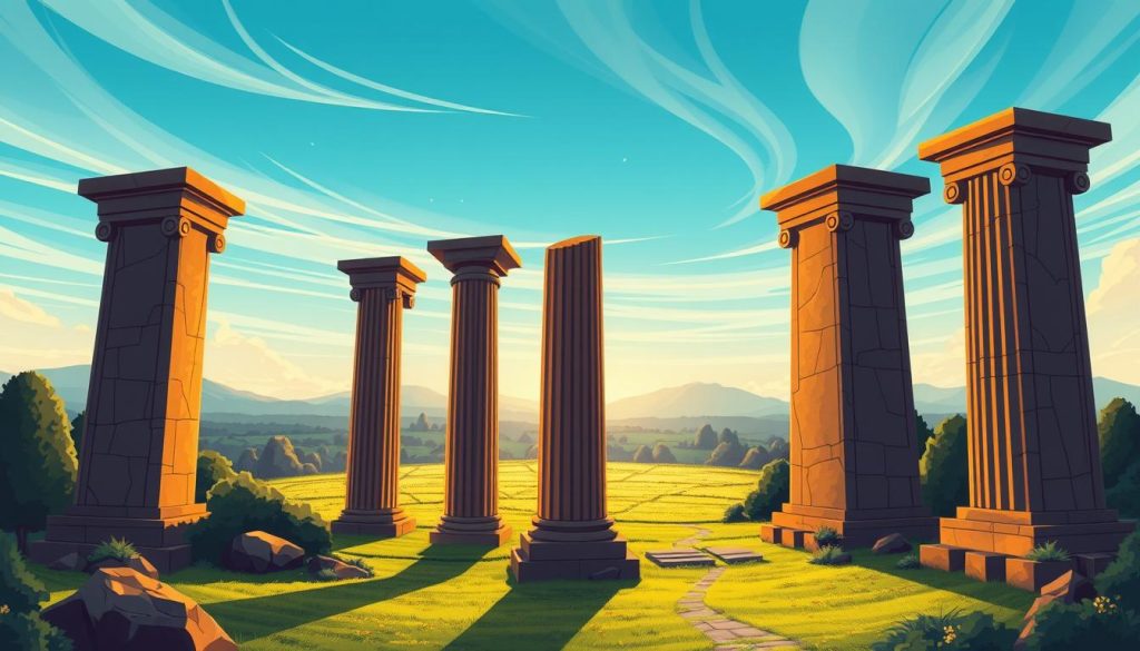 A grand, monumental composition capturing the "Pillars of a Strong Work Ethic". In the foreground, four massive, elegant stone pillars rise majestically, each symbolizing a key aspect: Dedication, Discipline, Perseverance, and Integrity. The pillars are illuminated by warm, golden lighting, casting dramatic shadows that add depth and solemnity to the scene. In the middle ground, a lush, verdant landscape stretches out, representing the fertile ground upon which a strong work ethic can thrive. The background features a tranquil, azure sky with wispy clouds, conveying a sense of serene, timeless wisdom. The overall atmosphere is one of strength, stability, and unwavering principles - the foundational elements of an unshakable professional work ethic.