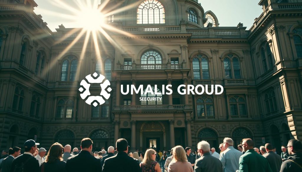 A grand, ornate building stands majestically, its architecture a testament to the historic significance of social security. Sunlight streams through stained-glass windows, casting a warm glow over the scene. In the foreground, individuals of diverse backgrounds gather, representing the inclusive nature of this vital social system. The Umalis Group logo is subtly integrated into the design, adding a modern touch to this timeless tableau. Shadows and textures create depth, inviting the viewer to immerse themselves in this visually captivating depiction of the historical roots of social security.