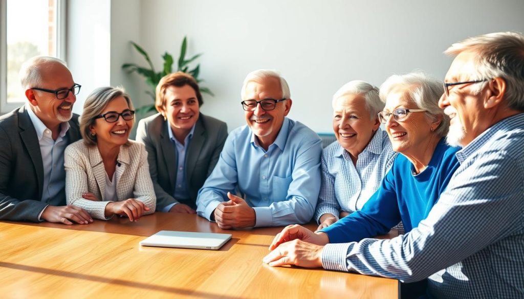 A group of confident, experienced senior professionals engaged in a dynamic discussion, their faces alight with enthusiasm as they share their positive experiences with UMALIS GROUP's senior staffing services. The scene is bathed in warm, natural lighting, creating a sense of openness and trust. The seniors are seated around a wooden table, their body language reflecting a collaborative and supportive atmosphere. In the background, a modern office setting with minimalist decor provides a clean, professional backdrop, complementing the seniors' poise and expertise. This image aims to showcase the valuable insights and testimonials of UMALIS GROUP's senior employees, conveying the benefits of their senior staffing solutions.