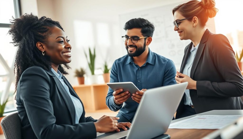 A group of diverse IT consultants in a modern office environment, engaged in a collaborative discussion. In the foreground, a Black woman in professional business attire, smiling and sharing her experiences, sitting with a laptop open in front of her. In the middle ground, a South Asian man in a smart casual shirt, taking notes on a tablet, while a Caucasian woman in a blazer nods thoughtfully. The background features a large window with city views, allowing soft natural light to flood the space. The atmosphere is warm and inviting, with modern office decor, potted plants, and a whiteboard filled with diagrams, emphasizing teamwork and professionalism. Focus on capturing expressions of engagement and collaboration.