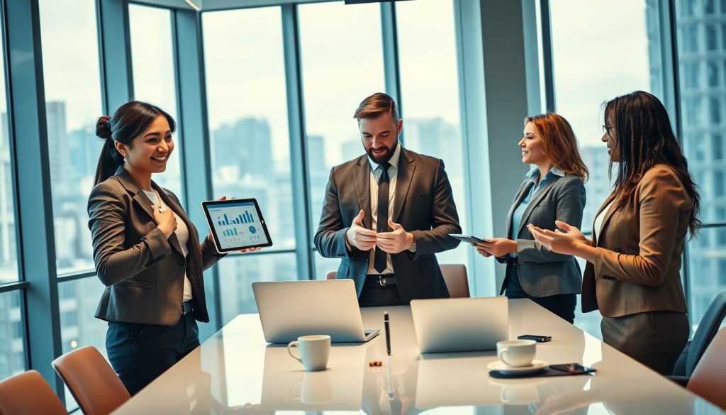 A group of diverse, professional individuals engaged in a collaborative meeting in a modern office space. In the foreground, a confident woman in business attire gestures towards a digital tablet displaying metrics and charts, symbolizing mission strategies in portage salarial. In the middle, a man in a well-fitted suit takes notes, while another professional enthusiastically discusses ideas, surrounded by a laptop and coffee cups on a sleek conference table. The background features large windows with city views, allowing natural light to fill the room, enhancing a vibrant and optimistic atmosphere. The scene captures a sense of teamwork, negotiation, and strategic planning, set in a contemporary, stylish environment, emphasizing the importance of effective communication and collaboration in finding and negotiating freelance missions. A group of diverse, professional individuals engaged in a collaborative meeting in a modern office space. In the foreground, a confident woman in business attire gestures towards a digital tablet displaying metrics and charts, symbolizing mission strategies in portage salarial. In the middle, a man in a well-fitted suit takes notes, while another professional enthusiastically discusses ideas, surrounded by a laptop and coffee cups on a sleek conference table. The background features large windows with city views, allowing natural light to fill the room, enhancing a vibrant and optimistic atmosphere. The scene captures a sense of teamwork, negotiation, and strategic planning, set in a contemporary, stylish environment, emphasizing the importance of effective communication and collaboration in finding and negotiating freelance missions.