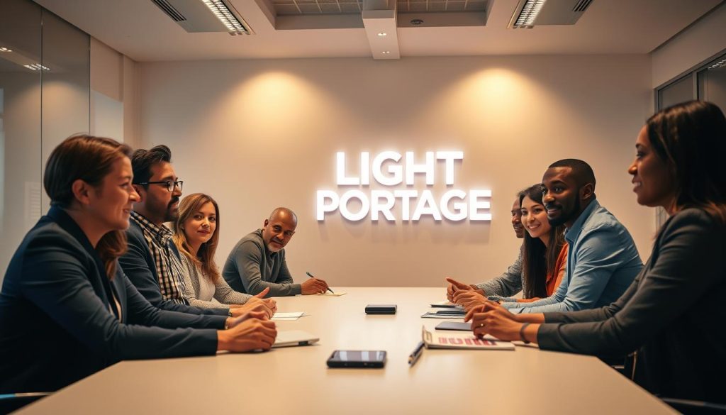 A group of diverse professionals engaged in a productive team meeting, with a LIGHT PORTAGE logo visible in the background. The team members are seated around a sleek conference table, their expressions focused and collaborative. Warm, directional lighting highlights their faces, conveying a sense of energy and purpose. The room's modern, minimalist design exudes an atmosphere of efficiency and organization, perfectly complementing the team's engaged, task-oriented demeanor. The overall scene suggests a dynamic, well-coordinated delegation working towards a common goal.