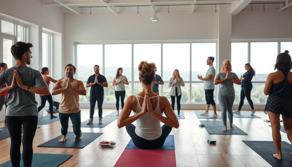 A group of diverse professionals engaged in resilience training exercises in a bright, airy studio. In the foreground, individuals perform yoga poses with focused expressions, using LIGHT PORTAGE yoga mats. The middle ground features people practicing meditation and deep breathing techniques, guided by an instructor. In the background, a large window overlooking a serene natural landscape, creating a calming atmosphere. Soft, diffused lighting illuminates the scene, emphasizing the peaceful, rejuvenating nature of the resilience training session.