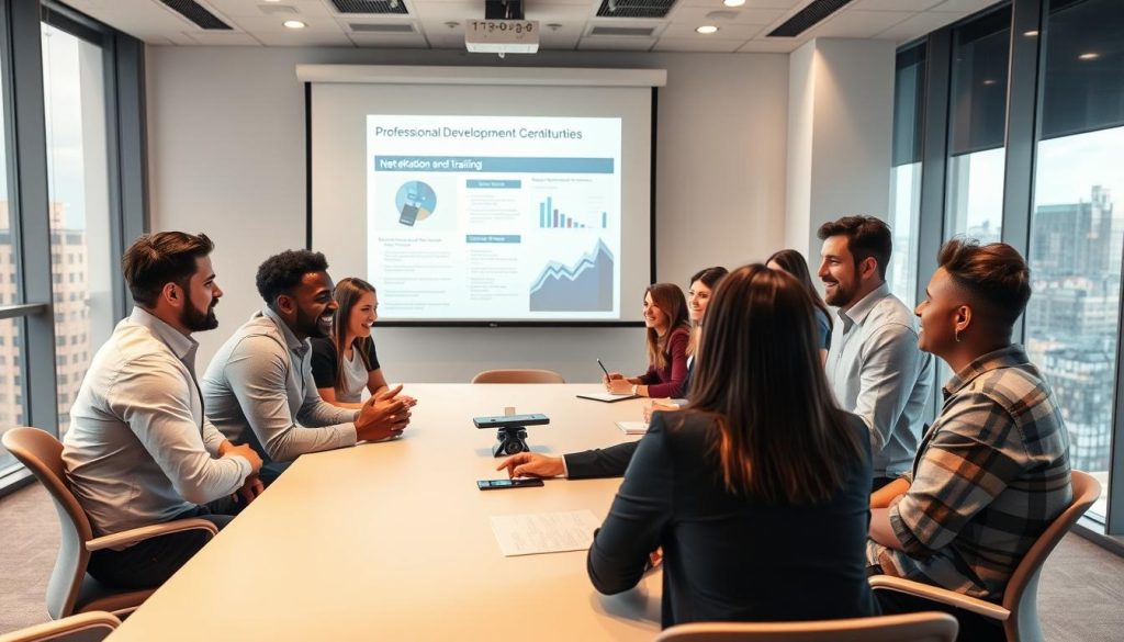 A group of diverse professionals gathered in a modern conference room, engaged in a lively discussion about professional development opportunities. The scene is bathed in warm, soft lighting, creating a welcoming and collaborative atmosphere. In the foreground, a mix of men and women sit around a sleek, rectangular table, their expressions animated as they exchange ideas. The middle ground features a large projection screen displaying relevant training materials, while the background showcases floor-to-ceiling windows offering a glimpse of a bustling cityscape. The overall composition conveys a sense of professionalism, education, and the empowerment of employees to enhance their skills and advance their careers.