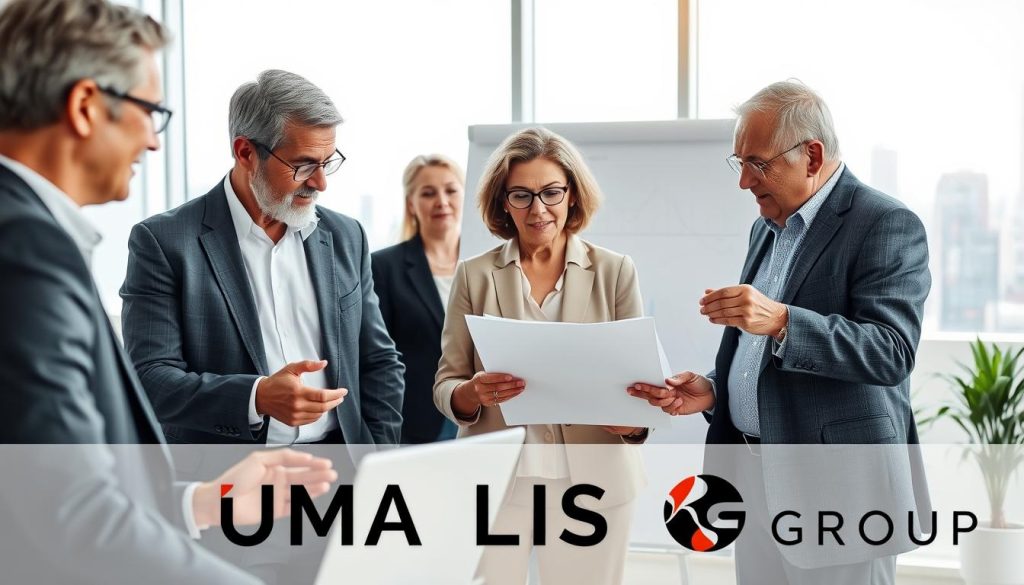 A group of diverse senior professionals engaging in a discussion in a bright, modern office environment. In the foreground, two seniors in professional attire, a man in a tailored suit and a woman in a smart blouse, are exchanging ideas over a laptop, showcasing collaboration. In the middle ground, a well-dressed senior woman is analyzing documents while a senior man gestures towards a whiteboard with financial graphs, symbolizing growth and opportunities. The background displays a large window with a city skyline, letting in natural light, creating an inspiring atmosphere. The scene captures a sense of empowerment and professionalism, representing the theme of work opportunities for seniors in a positive light. Emphasize the brand presence of UMALIS GROUP subtly in the office décor, ensuring it aligns with the overall theme.